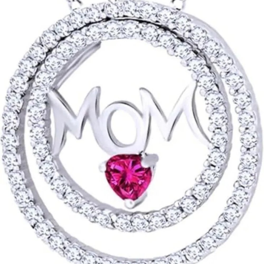 Cr White Sapph/Cr.Ruby Sterling Silver Heart/Mom Necklace